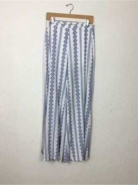 White Pants with Blue Vertical Geometric Stripe Dejavu Womens Size M Cotton